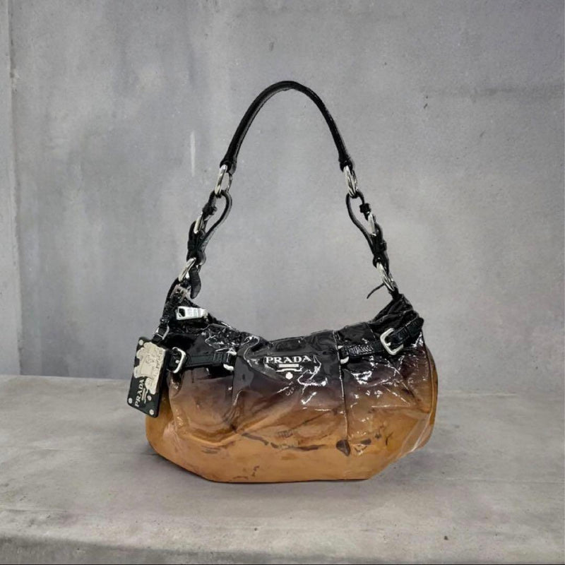 Prada 00s Black Brown Ombre Patent Leather Baguette Bag 28cm W 18cm H 6cm D