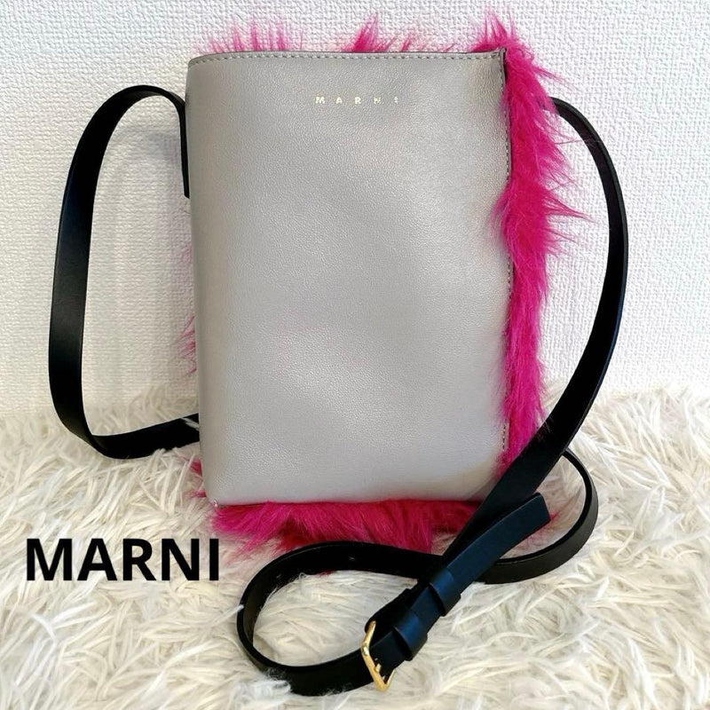 MARNI Museo Nano Shoulder Bag Leather Faux Fur Gray Pink 8.3x5.9x2.8in