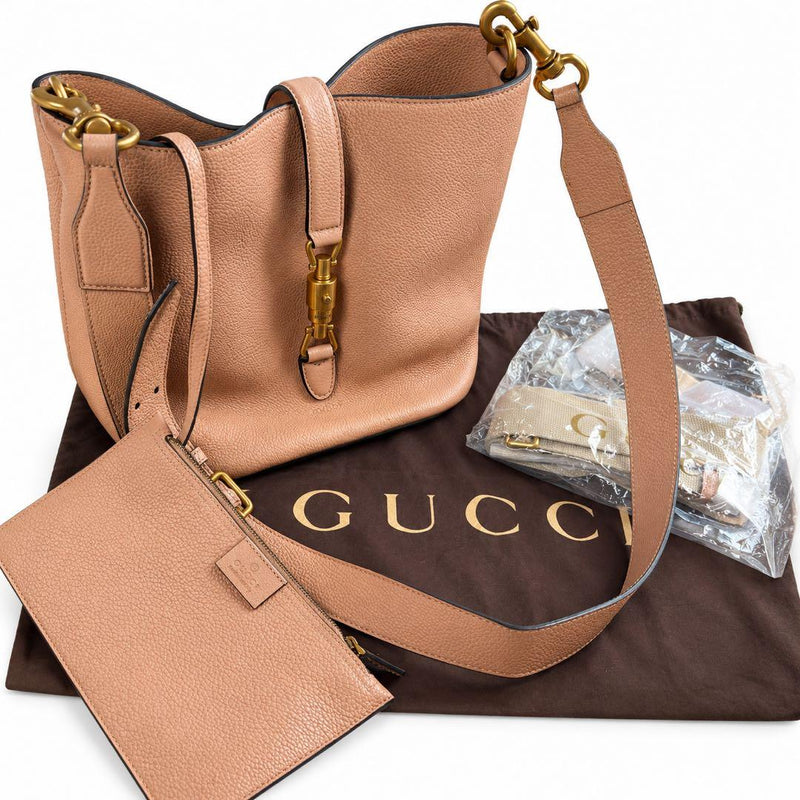 GUCCI New Jackie Shoulder Bag Pink Beige Leather W23 H25 D17cm 55cm Strap