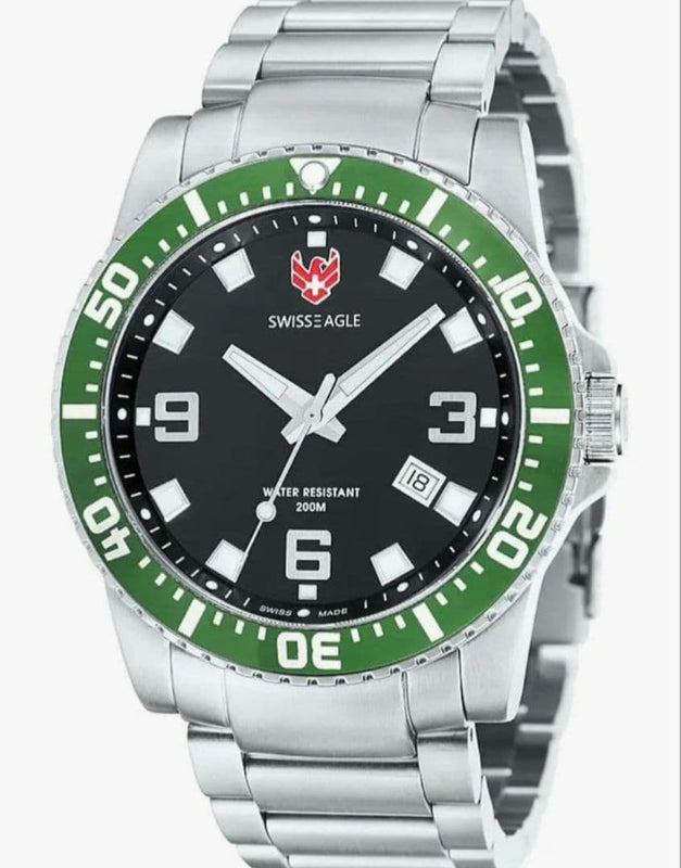 SWISSEAGLE Automatic Watch 200M Water Resistant Green Bezel Black Dial Date