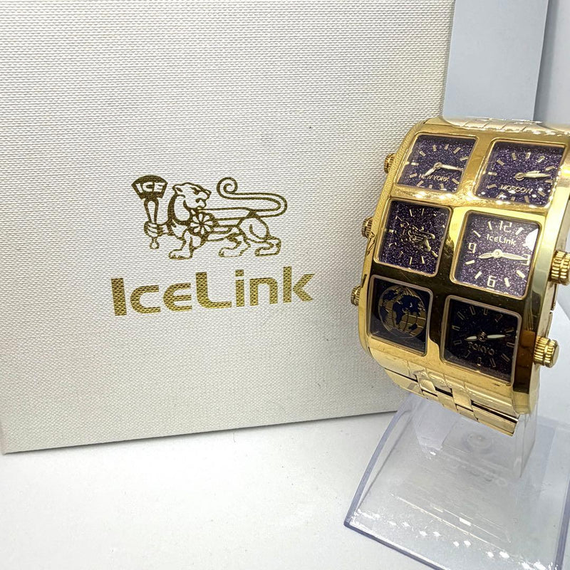 IceLink Mens Quartz Watch 6 Time Zone Gold Tone Glittery Navy Aftermarket Band