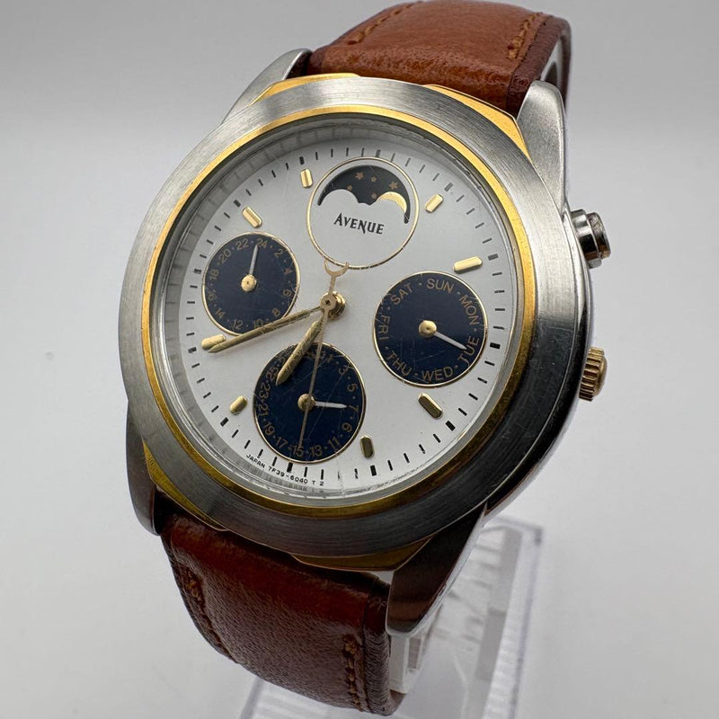SEIKO Avenue 7F39-6060 Quartz Moonphase Day Date 24H Mens Watch Leather Strap