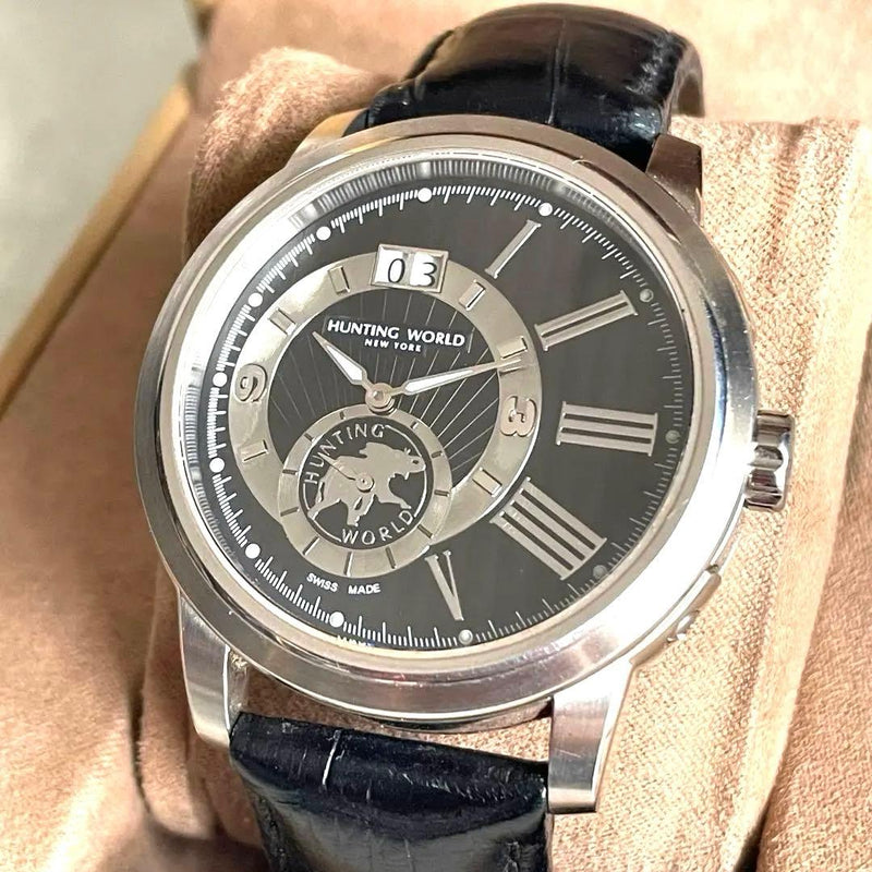 HUNTING WORLD Mens Watch Quartz Small Second Big Date Sapphire Glass Black