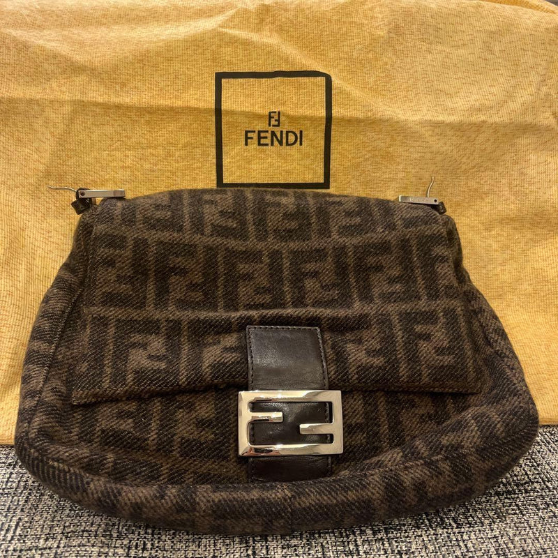 FENDI 106266 Zucca Monogram Wool Leather Mamma Baguette Bag Beige Dust Bag