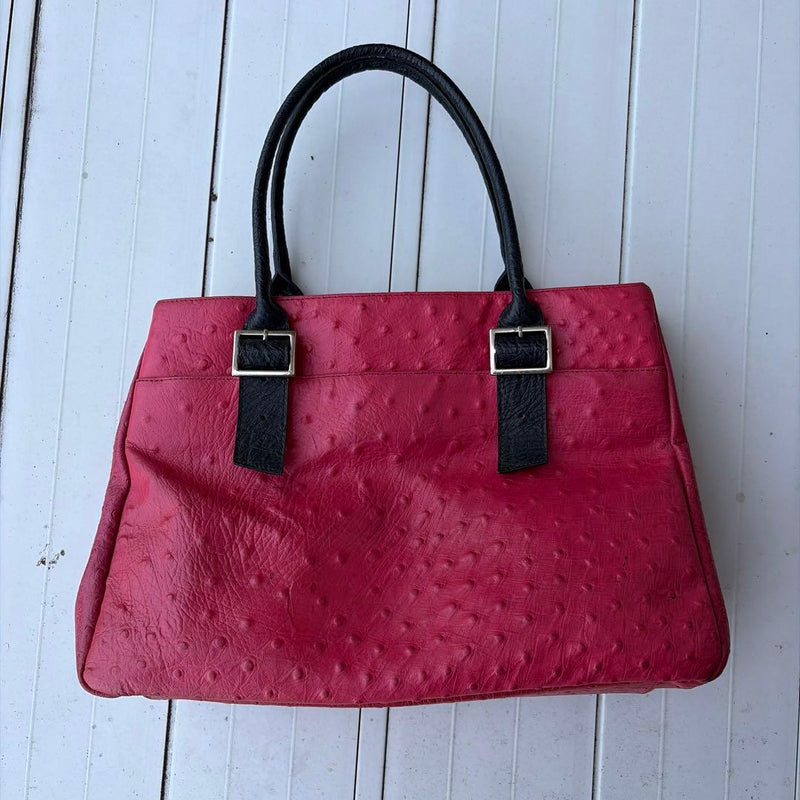 Ostrich Leather Handbag Red Black 2-Piece Mini Bag Set Magnetic Button Back