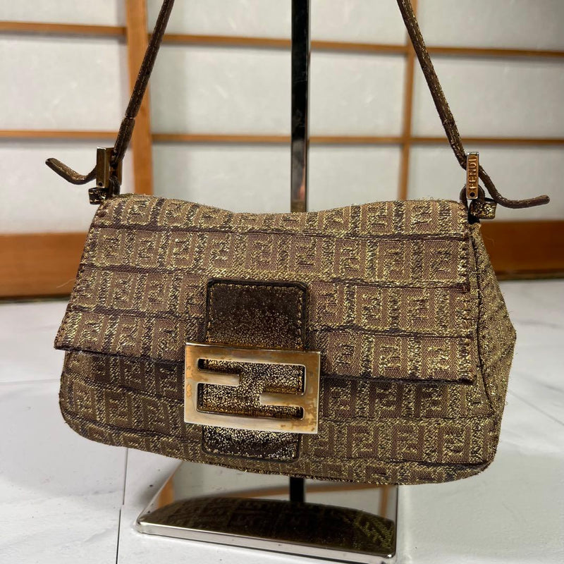 FENDI Mamma Baguette Zucca Gold Lame Canvas Leather Shoulder Bag 25x14x10cm
