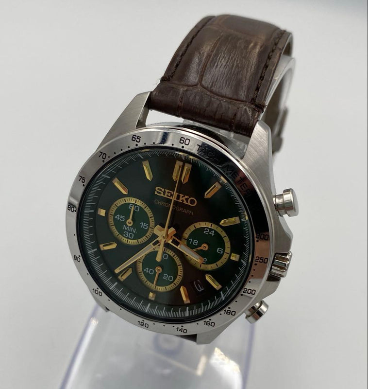 Seiko 8T63-00D0 SBTR017 Quartz Chronograph Green Dial Leather Band Watch