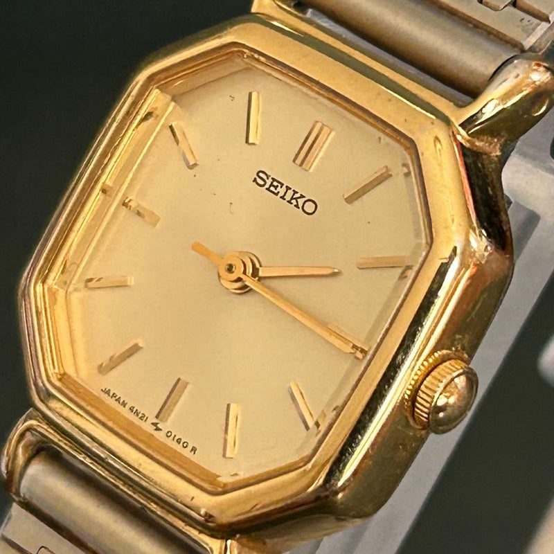 SEIKO 4N21-5022 Quartz Ladies Watch Gold Tone Case Band Dial 21.4mm Octagon