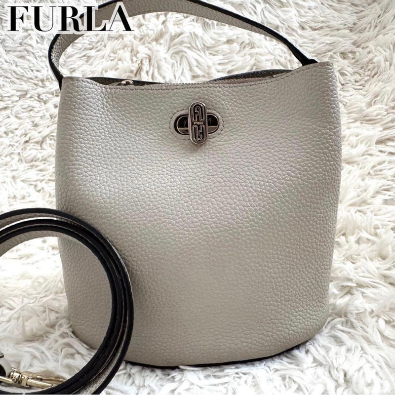 FURLA Danae 2-Way Shoulder Bag Leather Gray Turn-Lock Crossbody 6.7x7.5x4.7in