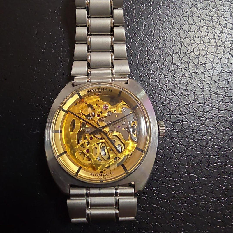 WALTHAM Monaco 35mm Case Manual Wind Skeleton Mens Watch 16-17cm Wrist