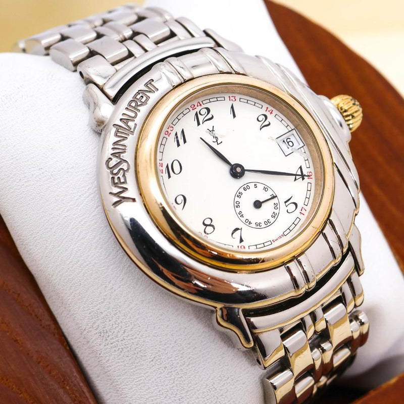 Yves Saint Laurent 3367 Quartz Watch 36mm White Dial Small Seconds Gold Silver