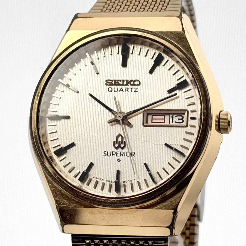 SEIKO Superior 4883-8100 Quartz 35mm SS Champagne Gold Guilloche Watch 1977