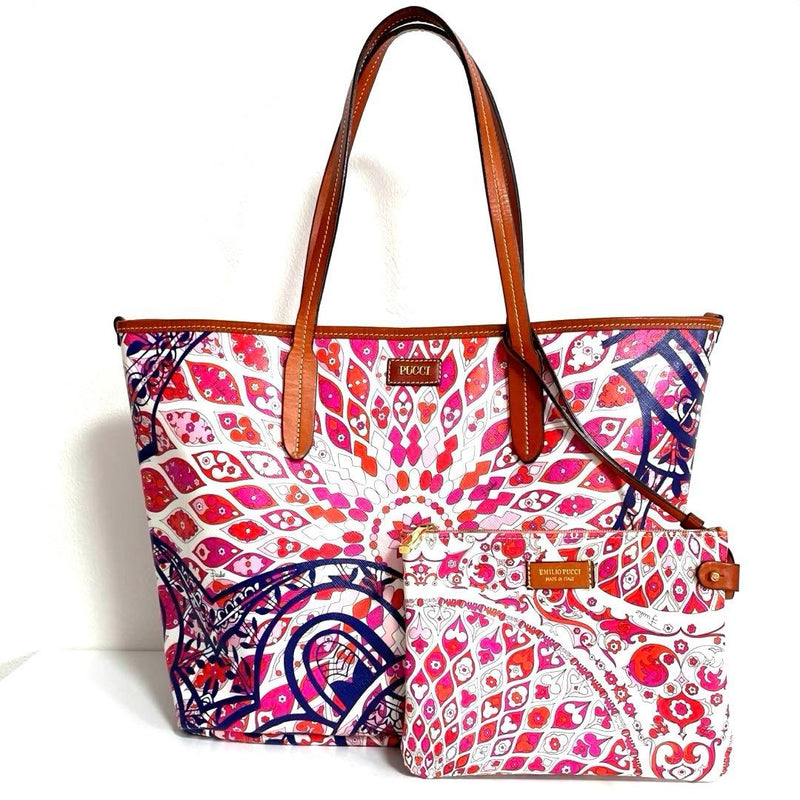 EMILIO PUCCI Womens Tote Bag Pouch Set Pink Red Multicolor PVC Leather
