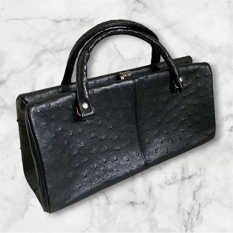Black Ostrich Leather Handbag 32cm Width 15cm Height 11cm Depth Metal Hook
