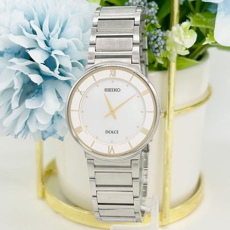 SEIKO DOLCE 4J40-0AD0 Quartz Watch 38x35mm Silver White Gold Tone 19.5cm Band