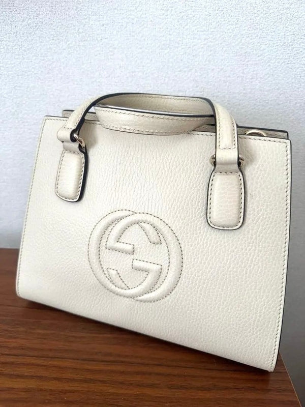 GUCCI 282307 Soho Tassel GG Logo Leather Handbag Ivory White 25.5x19.5x12.5cm