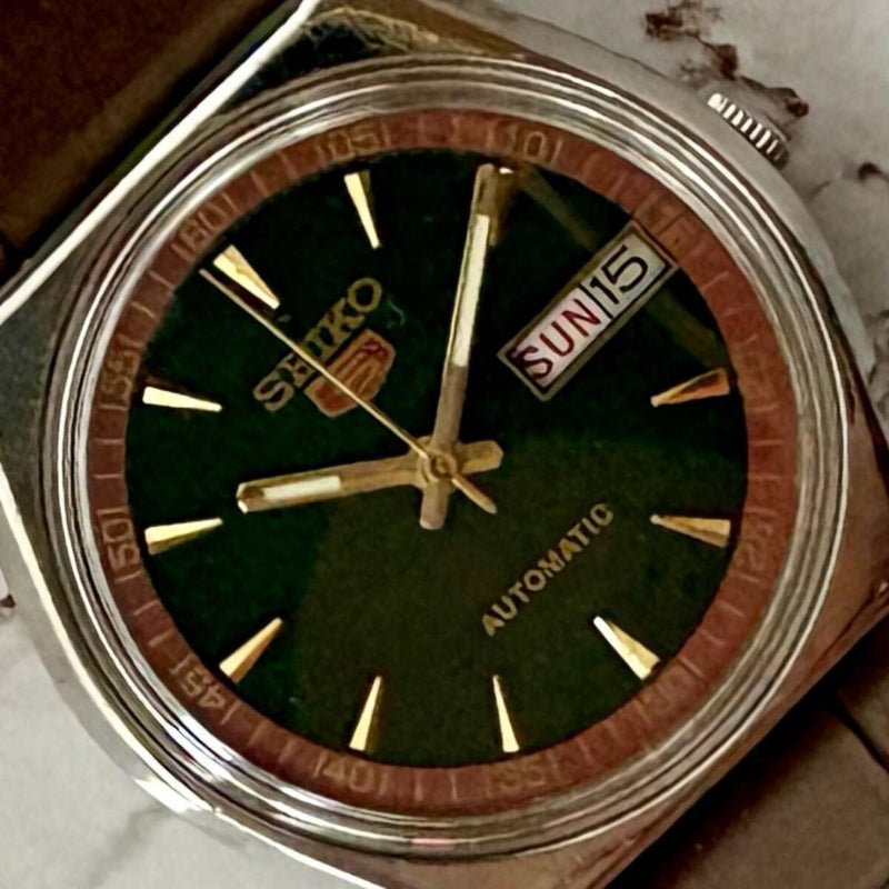 Seiko Automatic Day-Date Watch Stainless Steel 35.3mm Moss Green Brown Leather