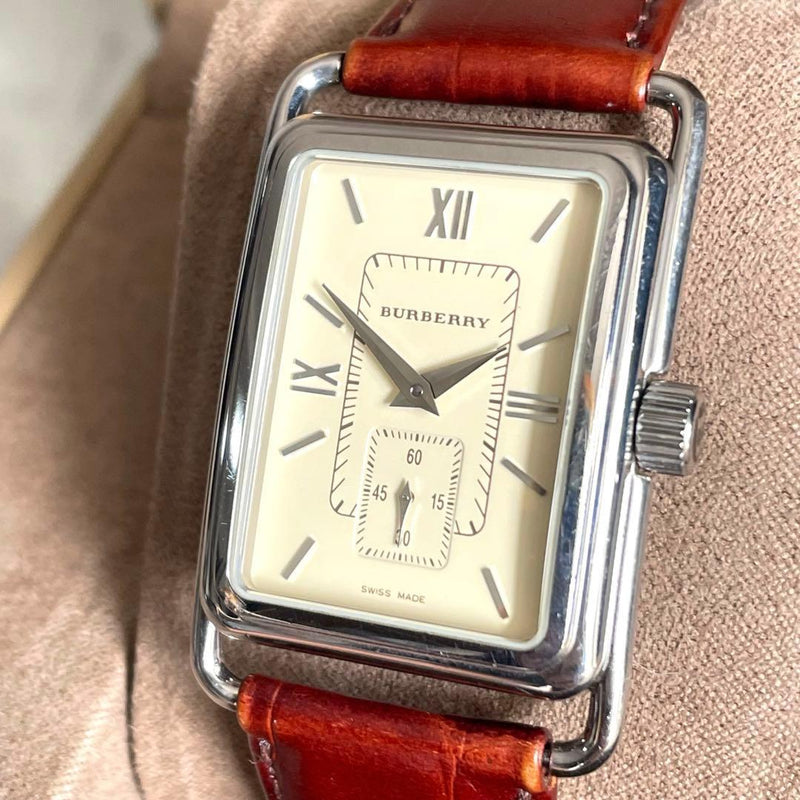 Burberry Quartz Movement Rectangular Small Second Watch Brown Leather