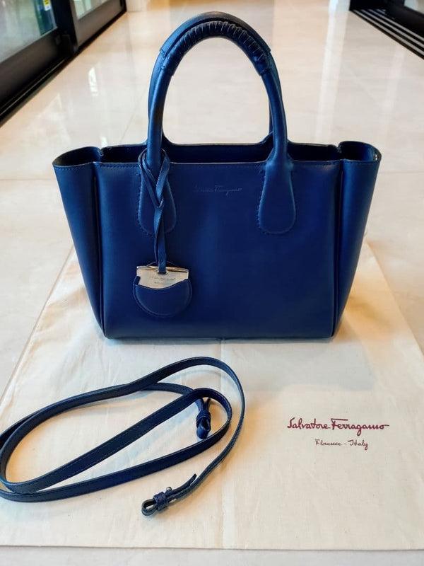 Ferragamo Norita Handbag Shoulder Bag Blue Leather 9.8x7.9x4.3in Strap 45.3in