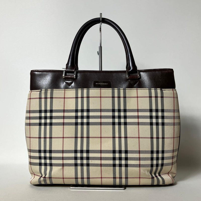 BURBERRY 2511-297 Handbag Dark Brown Nova Check Canvas Leather 26x33x8cm
