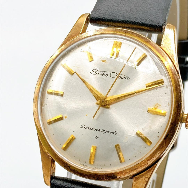 SEIKO Crown J14091 Mens Hand-Wound 21J Watch 34.7mm Gold Tone Silver Dial Black