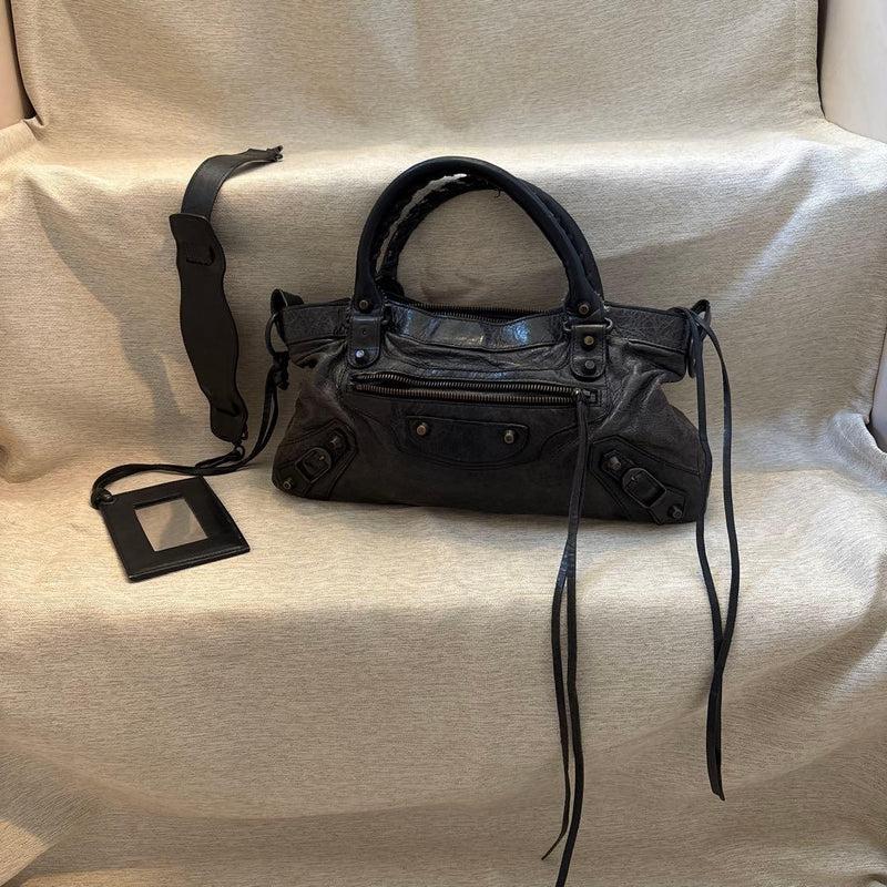 BALENCIAGA Classic Mini City Black Leather 2WAY Handbag Silver Hardware 24cm
