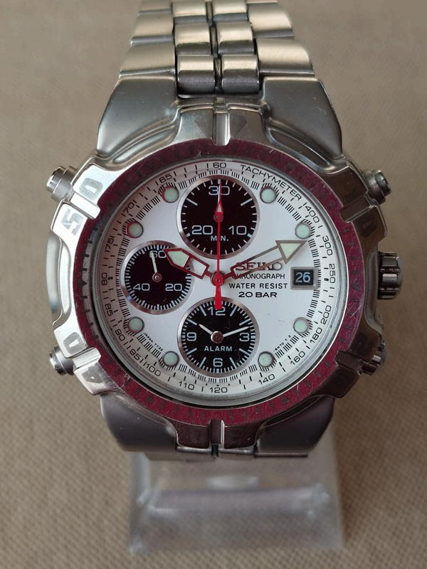 Seiko 7T32-6K30 Quartz Stainless Steel Chronograph Alarm 41mm White Black Watch
