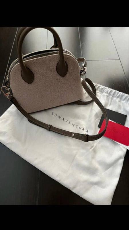 BONAVENTURA Mini Emma Bag Canvas Leather Etoupe Beige Limited Ed 16cm H 14-21cm
