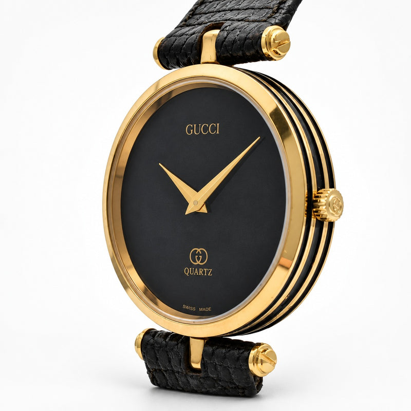 GUCCI T2363 44 Boys Quartz Watch Black Dial Gold Tone Case Black Leather Swiss