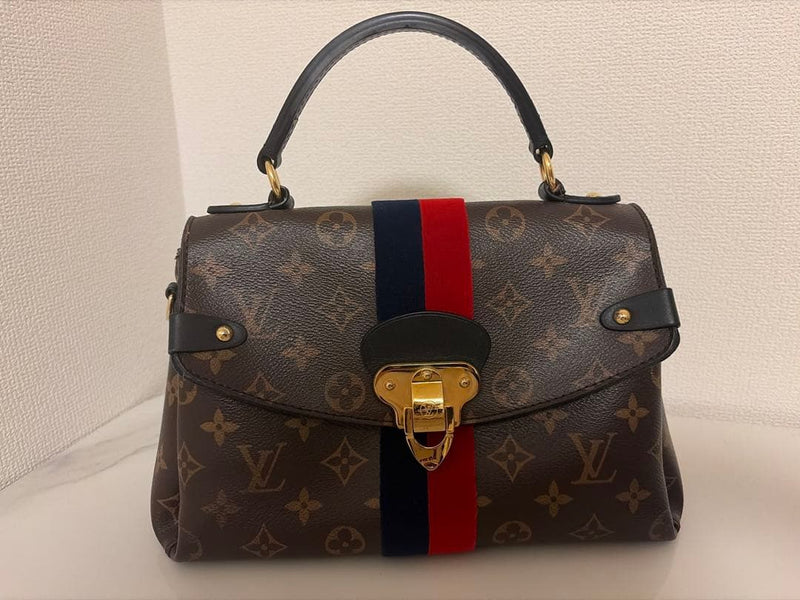 LOUIS VUITTON Neverfull Medium Monogram Canvas Brown Red Navy Stripe Gold