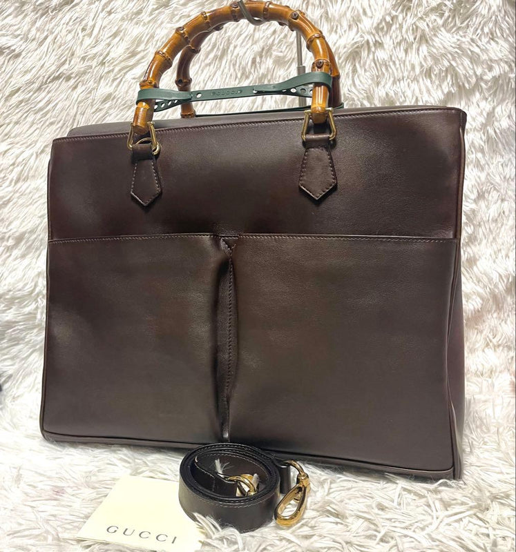 GUCCI Bamboo 002 2855 0322 0 2-Way Dark Brown Leather A4 Handbag 27x35x14cm