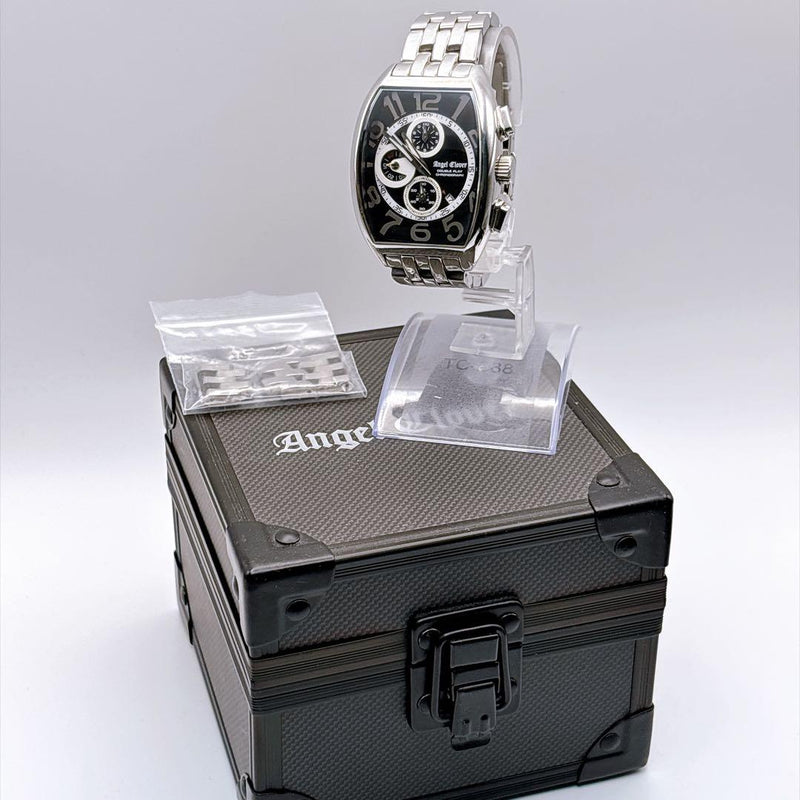 Angel Clover Double Play DP38 Quartz Chronograph Watch Black Dial Tonneau