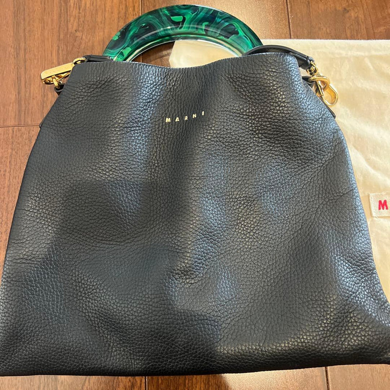MARNI Venice FR2059 Black Calf Leather Small Hobo Bag Green Acrylic Handle