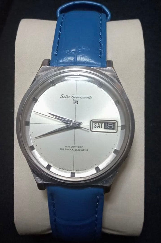 Sportsmatic 5 6619-7010 Automatic 21J Silver Crosshair Dial Blue Band