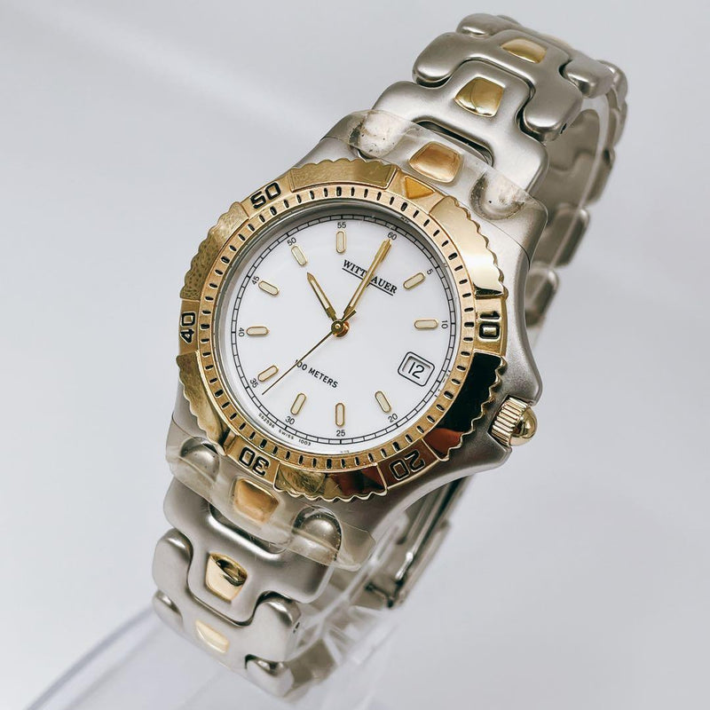 Wittnauer Mens Quartz Watch Stainless Steel Gold Silver White Dial 100M Date