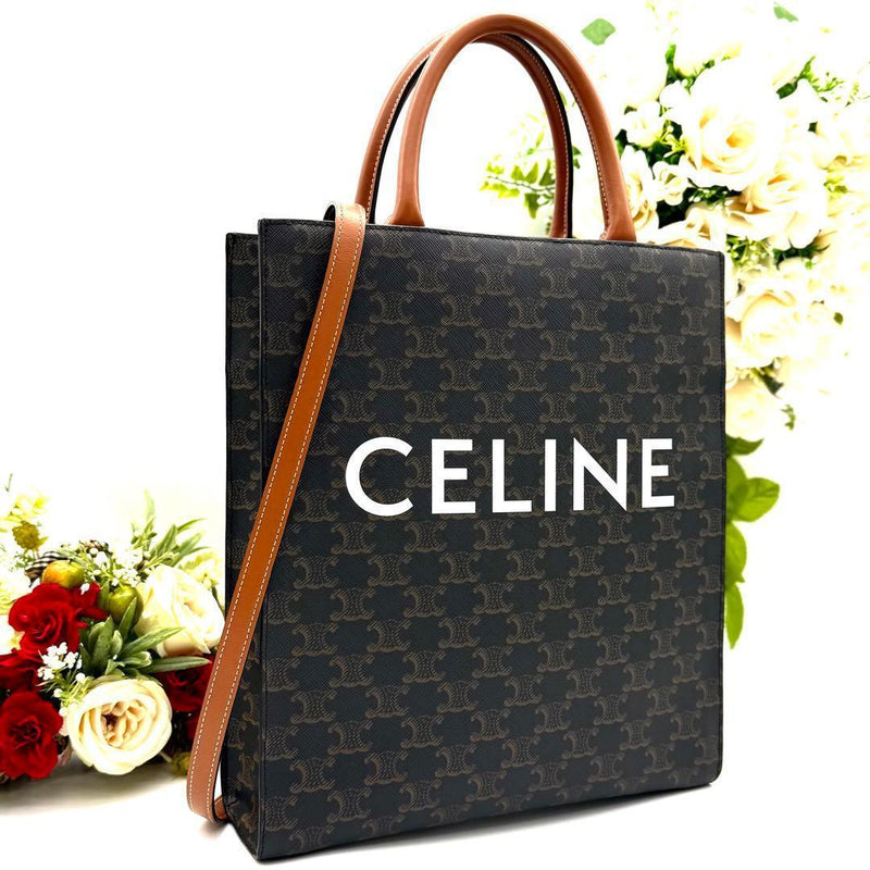 CELINE Small Vertical Cabas Triomphe Shoulder Bag PVC Leather Brown Black W28