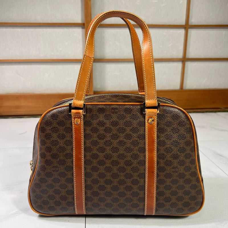CELINE Papillon Mini Boston Macadam PVC Leather Handbag Brown Barrel 18x28x11cm