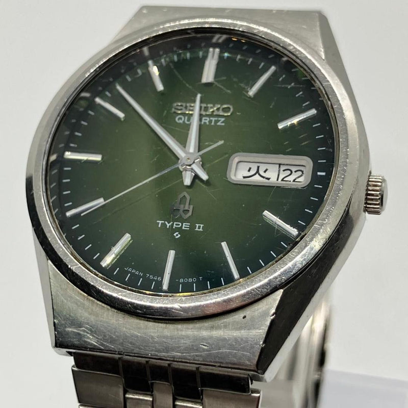 SEIKO TYPE II 7546-8080 Quartz Day-Date Green Dial Silver Band Mens Watch