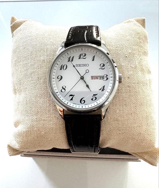 SEIKO V158-HAC0 Solar Stainless Steel 38mm Railway Watch White Arabic Day-Date