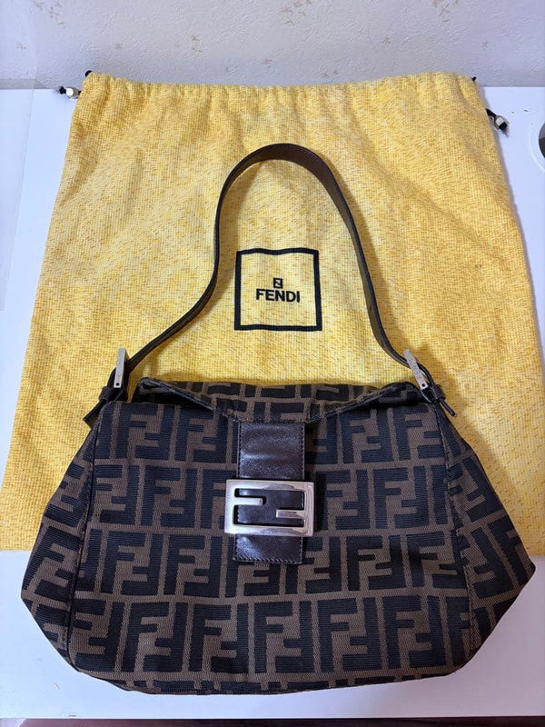 Fendi Mamma Baguette Zucca FF Pattern Gold Color Canvas Shoulder Bag 358T0361