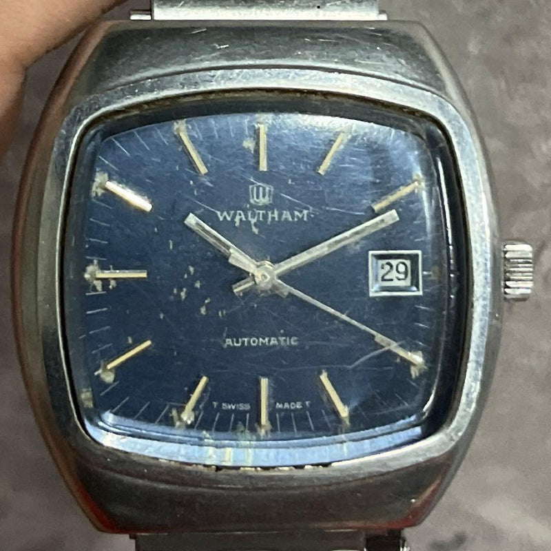 WALTHAM Automatic Blue Dial 1970s Wristwatch 17 Jewels Stainless Steel Not WR