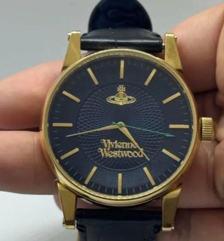 Vivienne Westwood Womens Quartz Watch Gold Case Navy Dial Black Leather Strap
