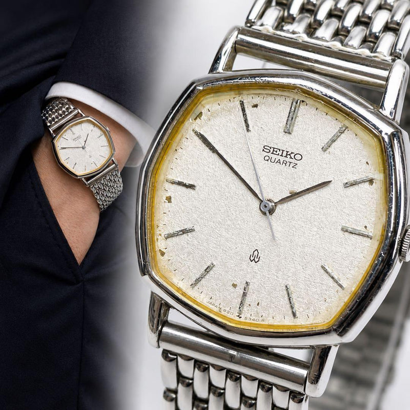 SEIKO 5931-5350 Quartz Watch 30.7mm Silver Ivory Dial 80s Bracelet