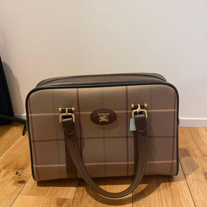 Burberrys Nova Check Handbag Canvas Leather Brown Zipper Closure Square Form