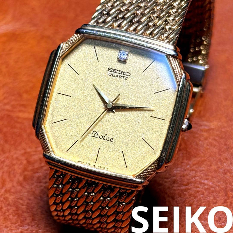 Seiko Dolce 7731-5000 Quartz 29mm Square Gold Tone 1P Diamond Mens Watch 1985