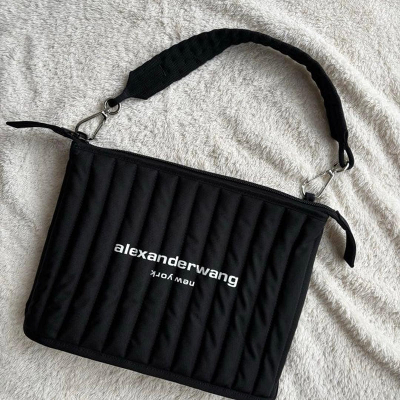 Alexander Wang Black Leather Shoulder Bag 13.4x10.2x2.2in Laptop A4 Embossed