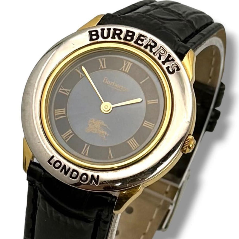 Burberry Mens Quartz Watch 3000 33mm Silver Gold Case Navy Dial Black Leather