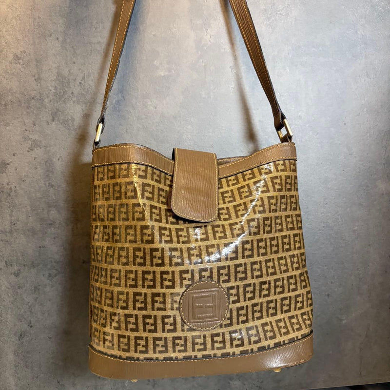 Fendi Zucca Bucket Shoulder Bag Patent Leather Brown Gold H24 W30 D10cm