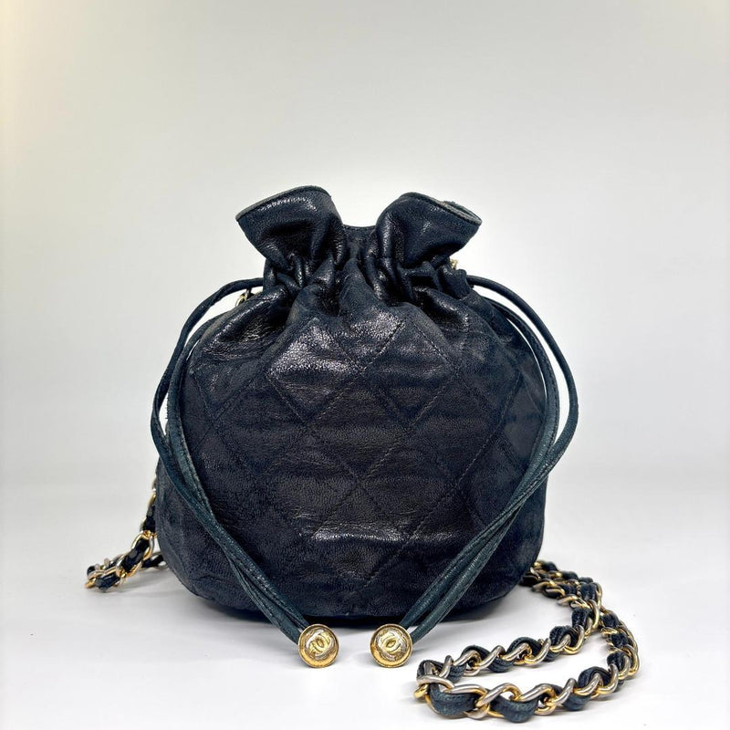 CHANEL Black Lambskin Quilted Drawstring Tote Gold Chain CC Logo 13cm Shoulder