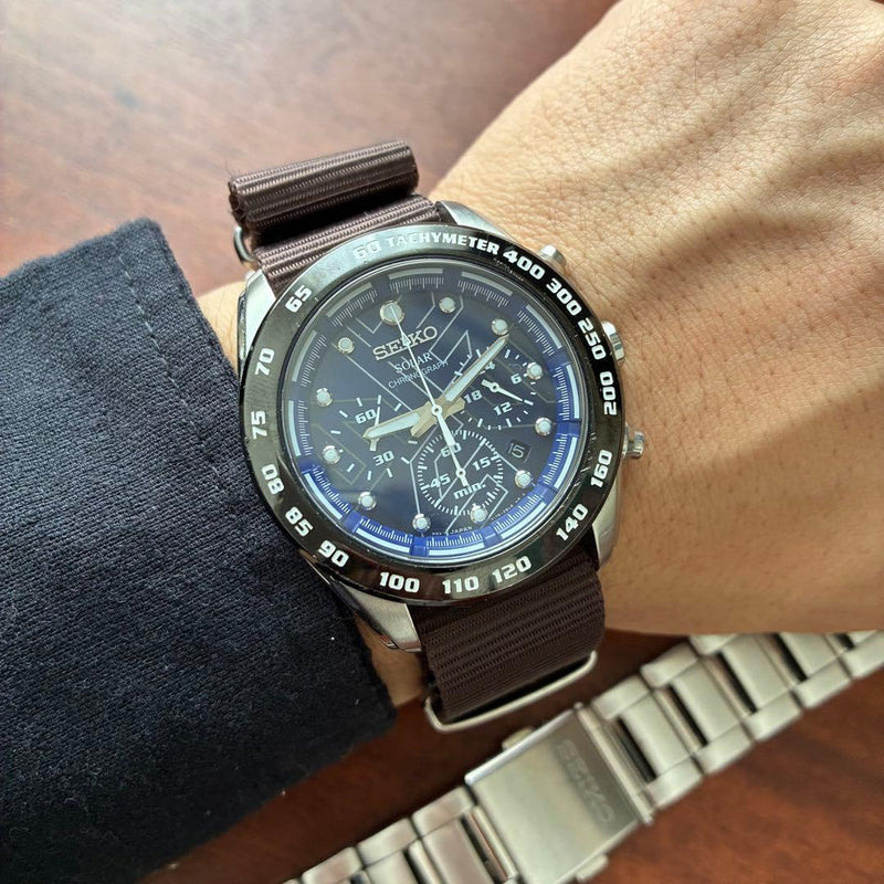 Seiko Prospex Solar Powered Quartz Chronograph Motorsport Blue Brown Dial Watch